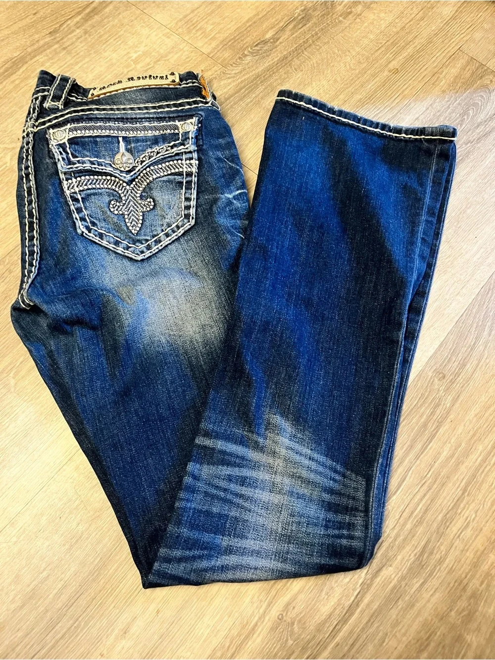 Rock Revival Dark Blue Boot Cut Jeans with Embroidered Pockets